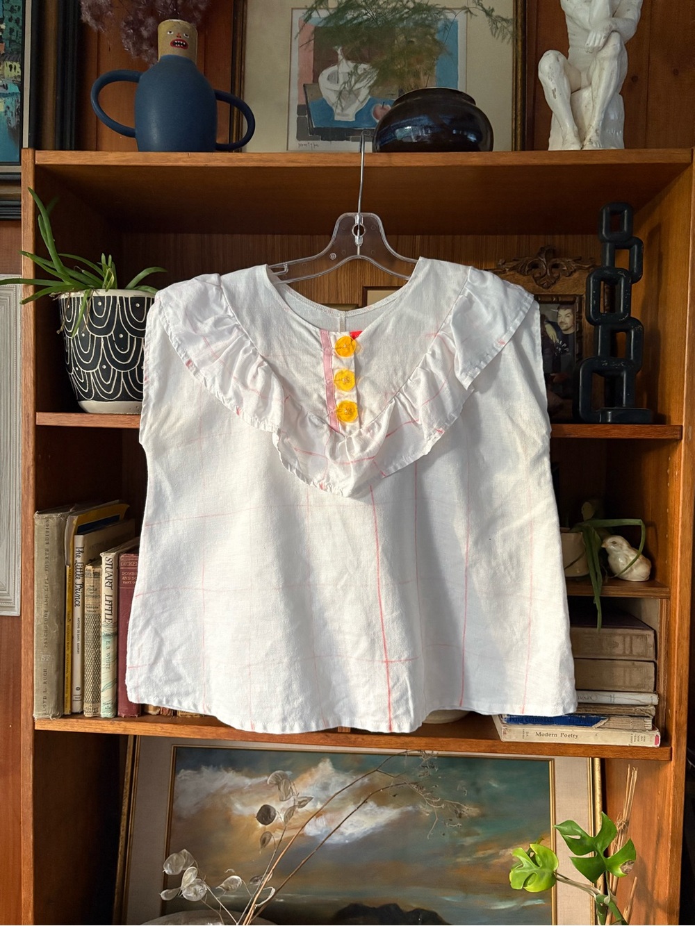 Tony Chestnut Window Pane Linen Ruffle Top S